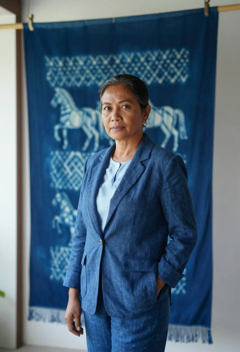 AI seminyak interior designer ikat indigo sample — portrait of a woman, an interior designer in her fifties of
