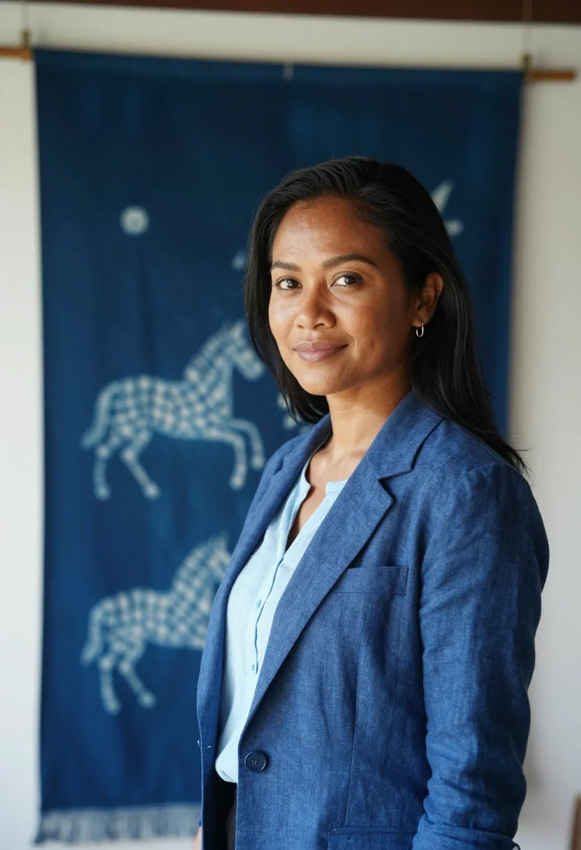 AI seminyak interior designer ikat indigo sample — portrait of a woman, an interior designer in her late thirti