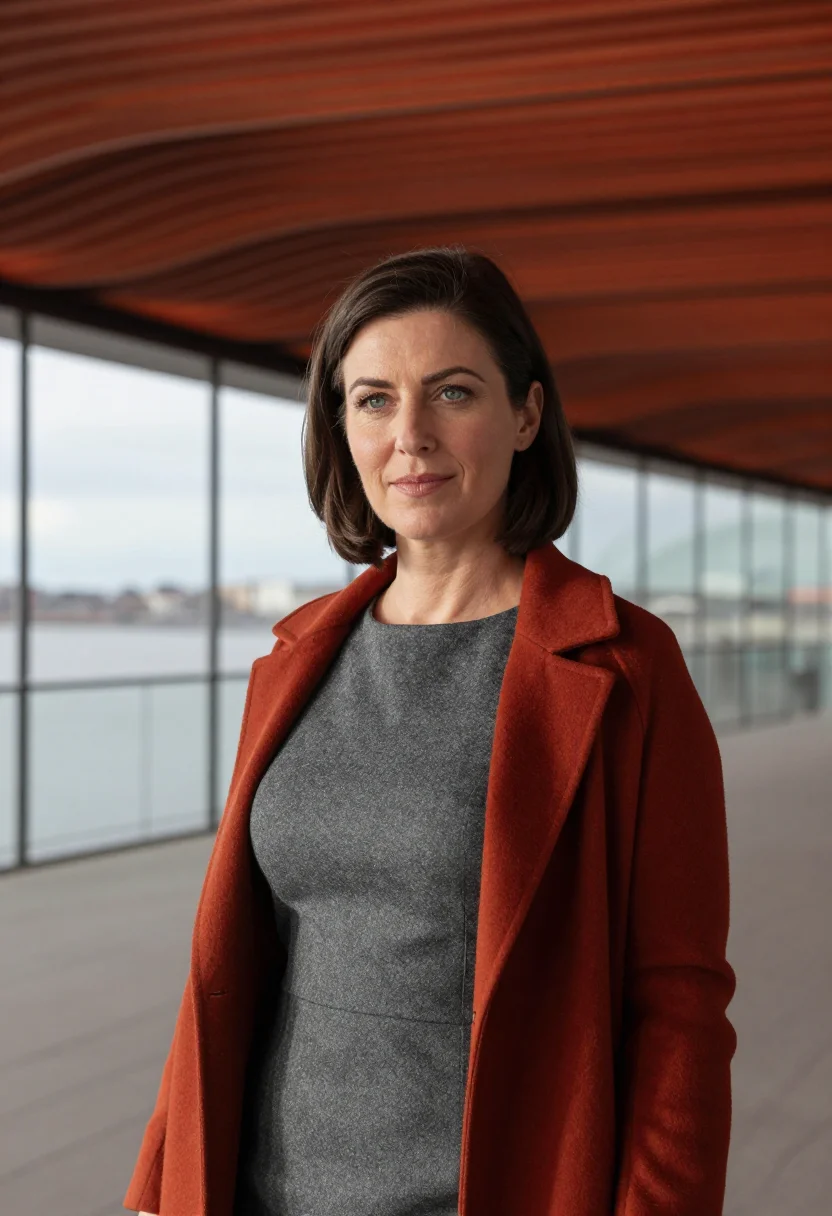 AI senedd policy adviser slate cedar sample — portrait of a woman, framed tight, head and shoulders, the b