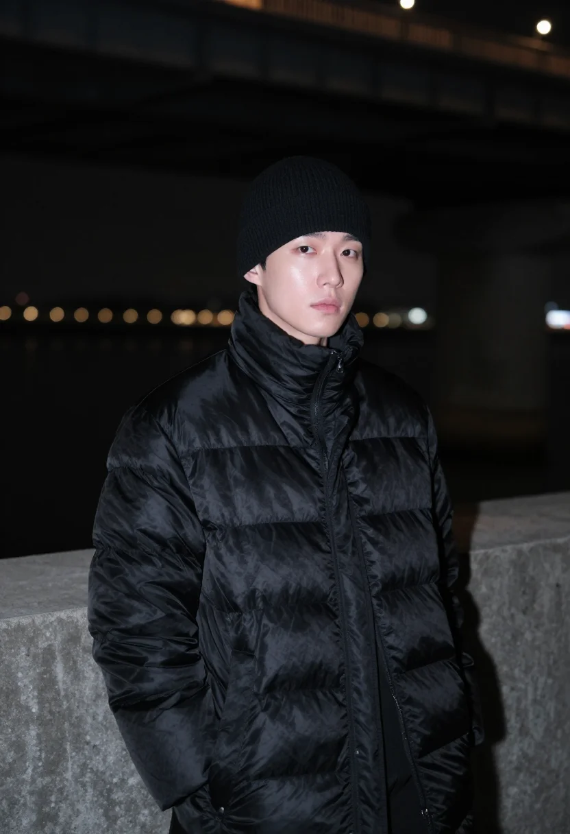 AI seoul han river long padding black sample — portrait of a man, framed tight, head and shoulders, the bod