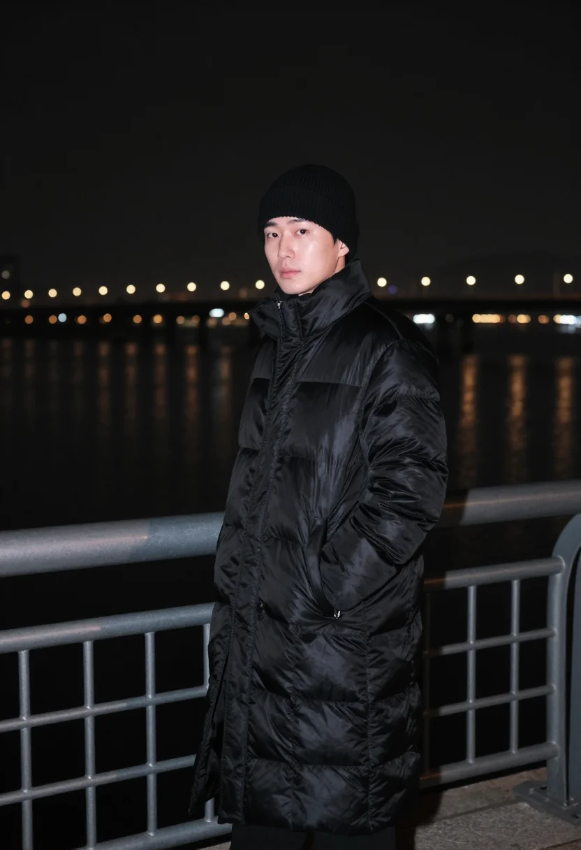 AI seoul han river long padding black sample — portrait of a man, framed half-length from the head to the h