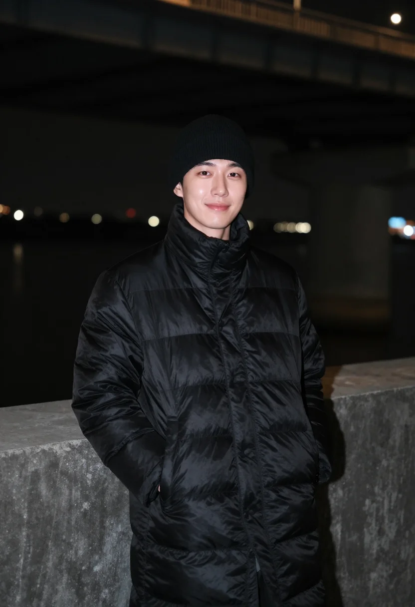 AI seoul han river long padding black sample — portrait of a man, framed chest-up to the ribs, the body clo