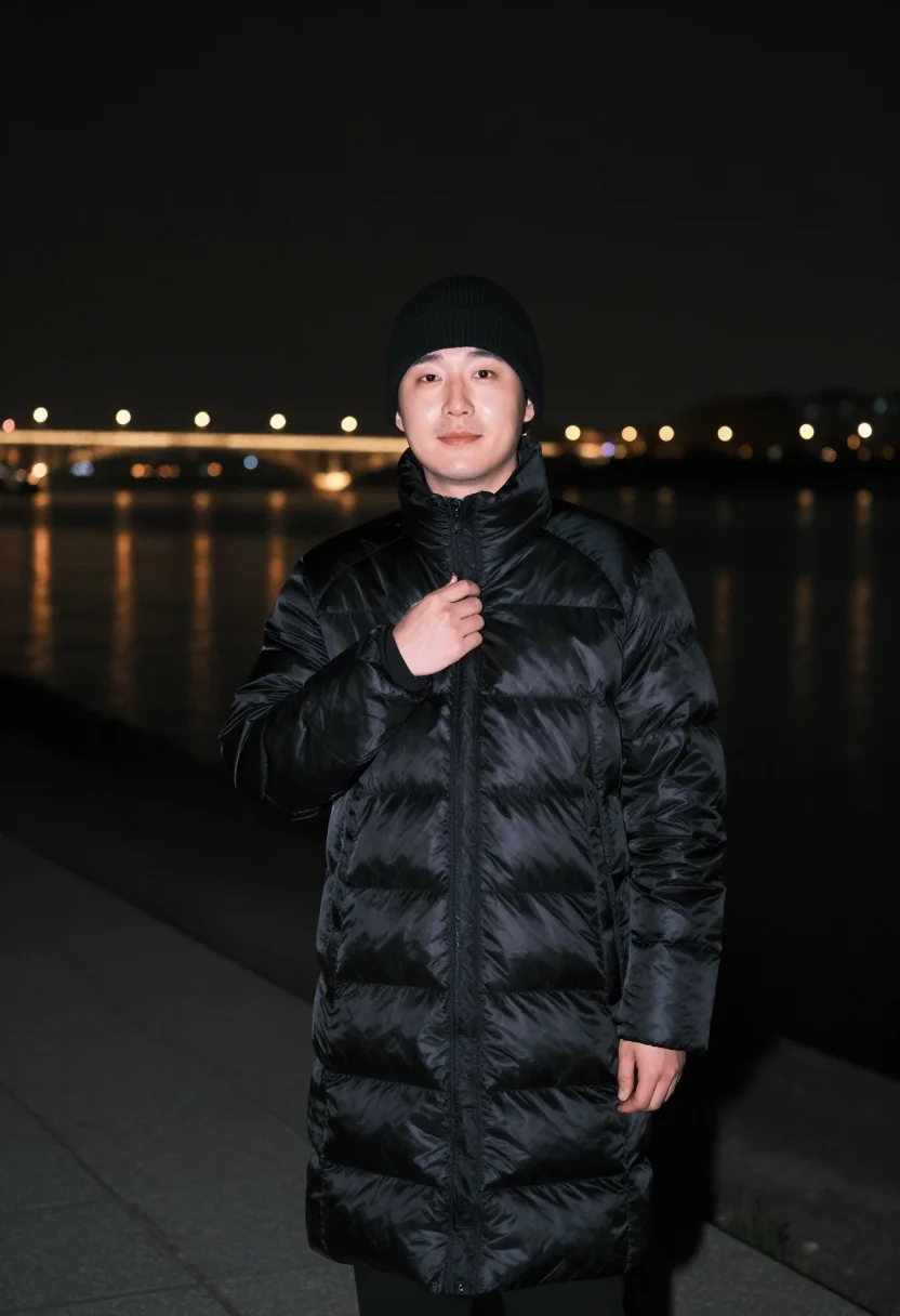 AI seoul han river long padding black sample — portrait of a man, framed chest-up to the ribs, the body clo