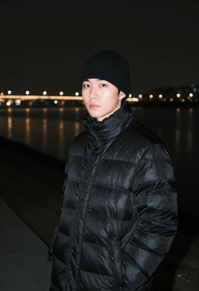 AI seoul han river long padding black sample — portrait of a man, framed tight, head and shoulders, the bod