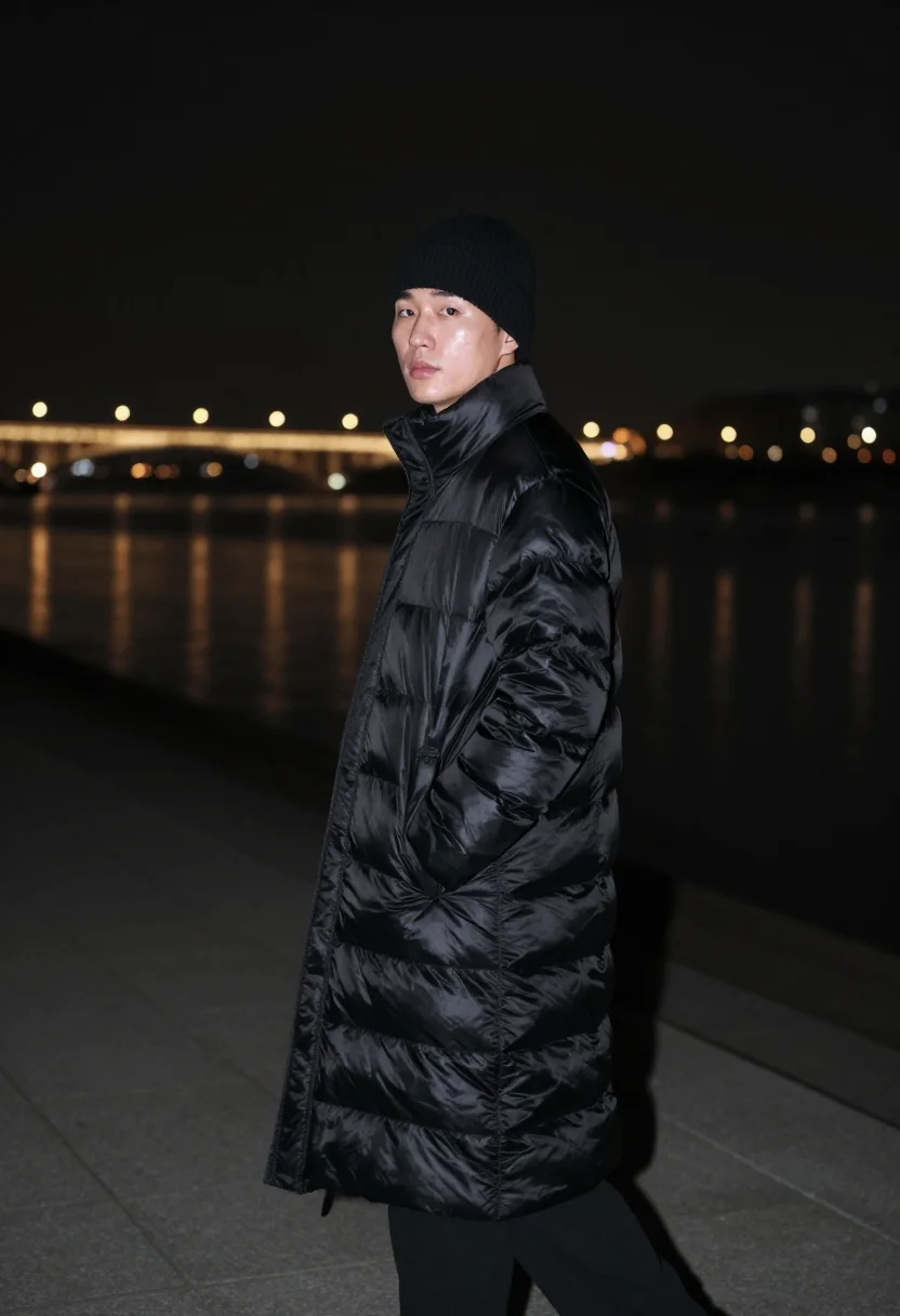 AI seoul han river long padding black sample — portrait of a man, framed half-length from the head to the h