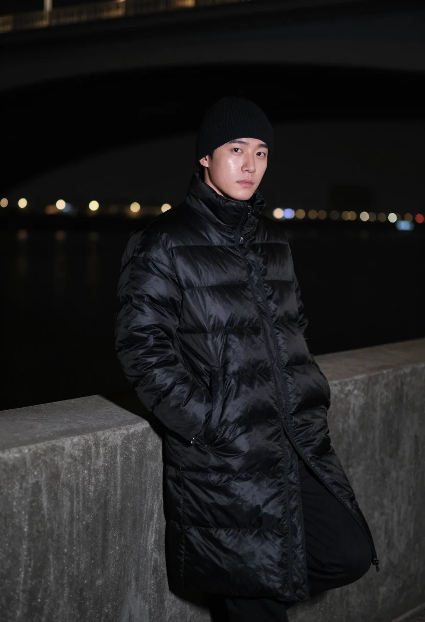 AI seoul han river long padding black sample — portrait of a man, framed half-length from the head to the h