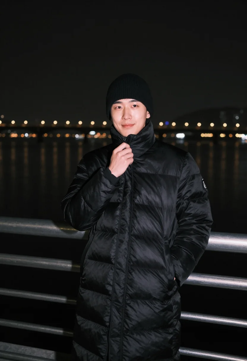 AI seoul han river long padding black sample — portrait of a man, framed chest-up to the ribs, the body clo