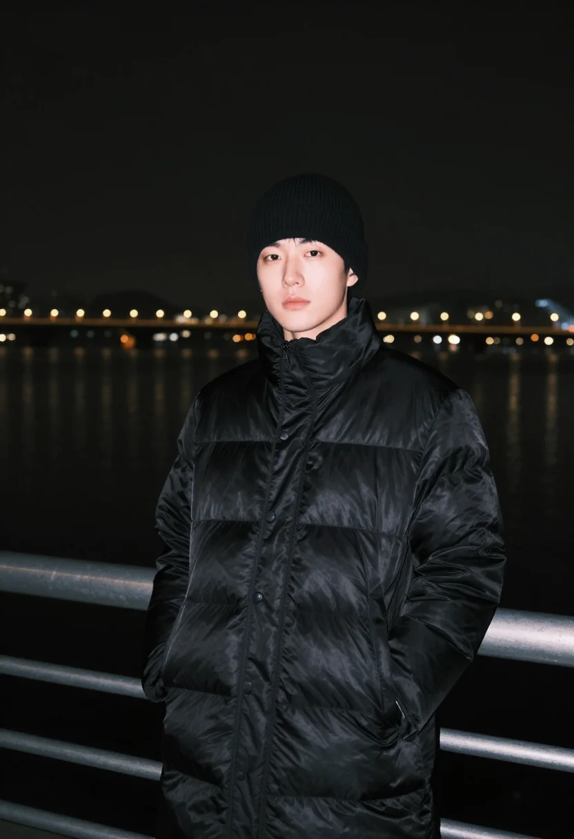 AI seoul han river long padding black sample — portrait of a man, framed tight, head and shoulders, the bod