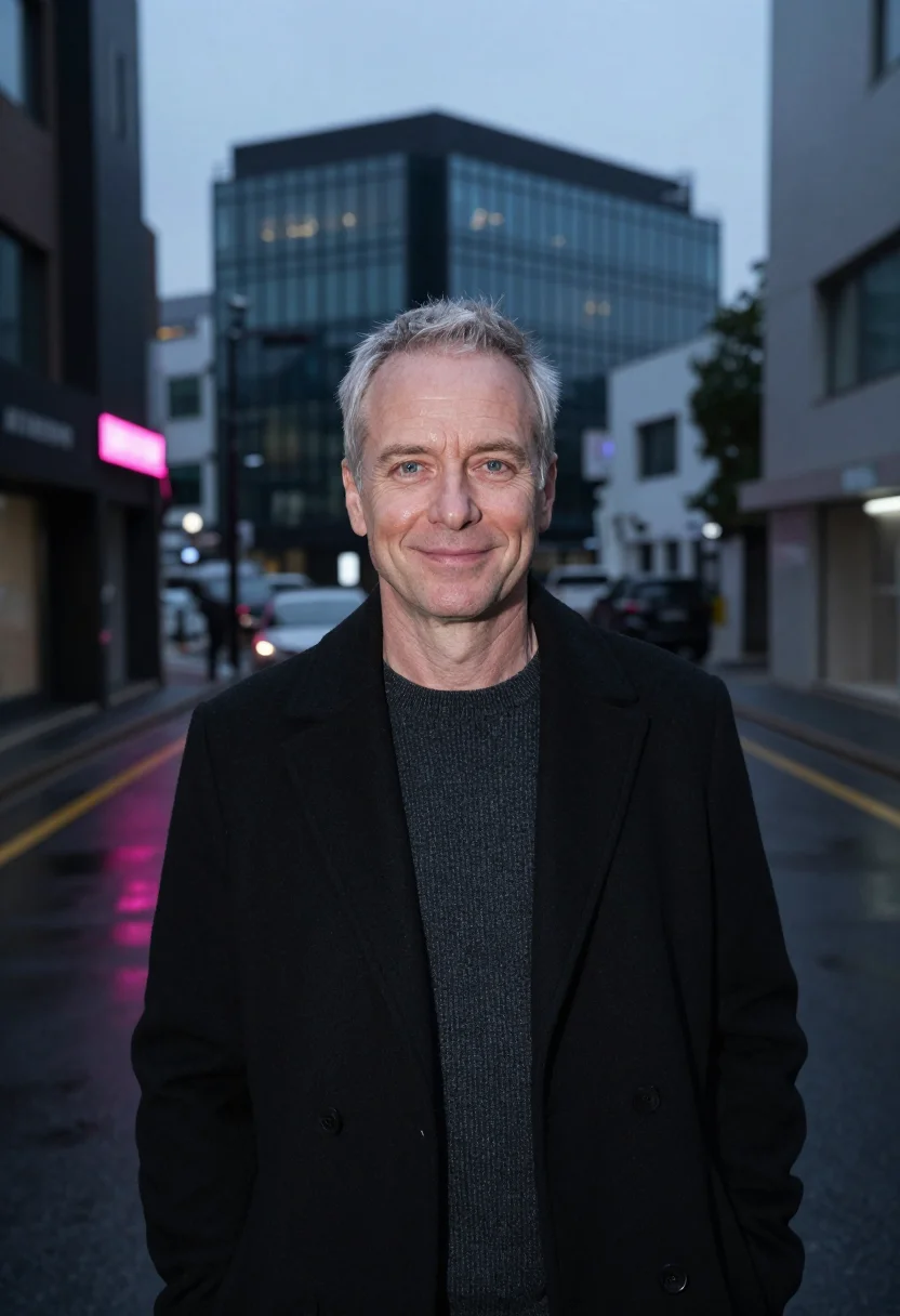 AI seoul music executive charcoal neon pink sample — portrait of a man, a Western-European music executive in his