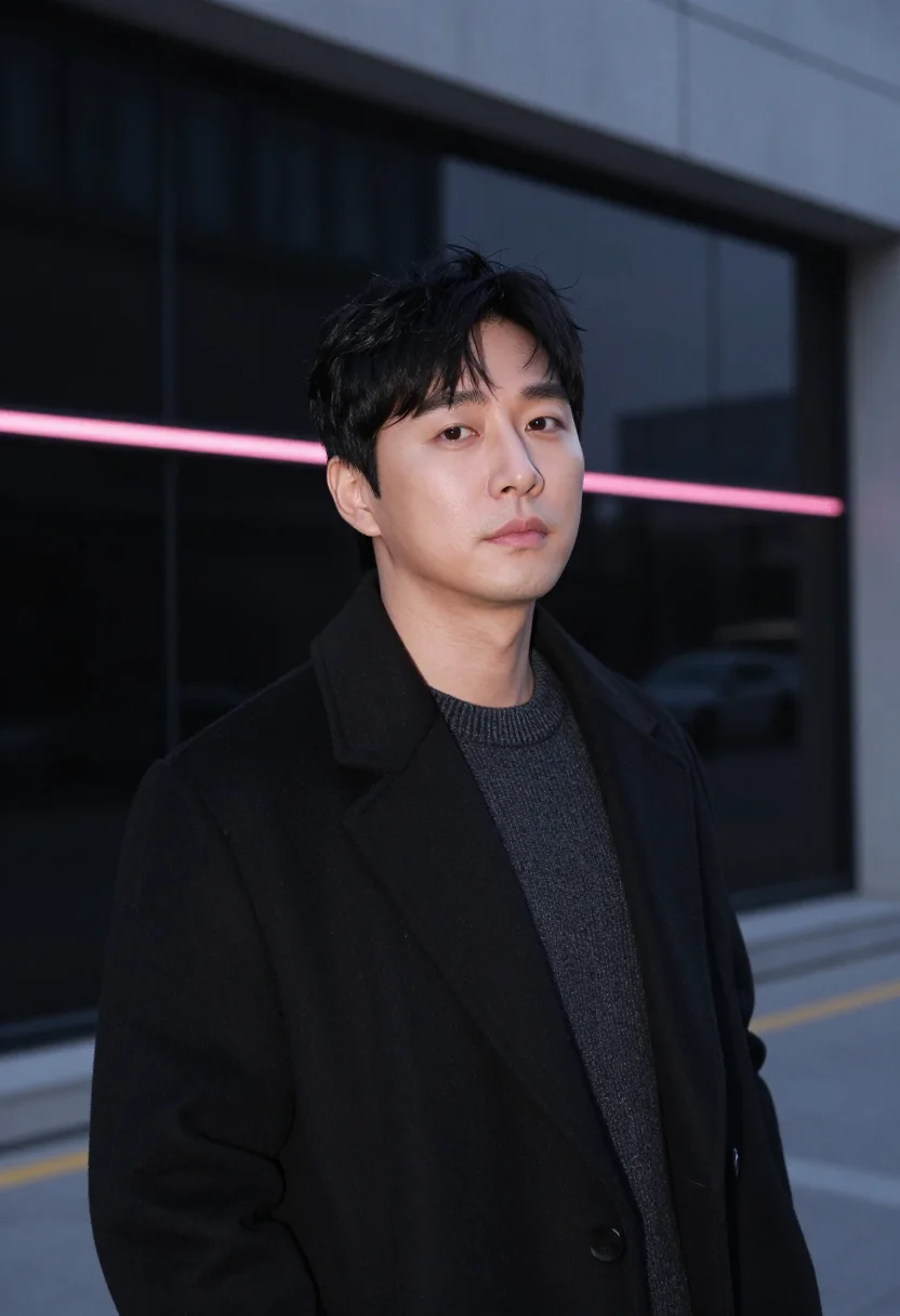 AI seoul music executive charcoal neon pink sample — portrait of a man, a Korean music executive in his early for