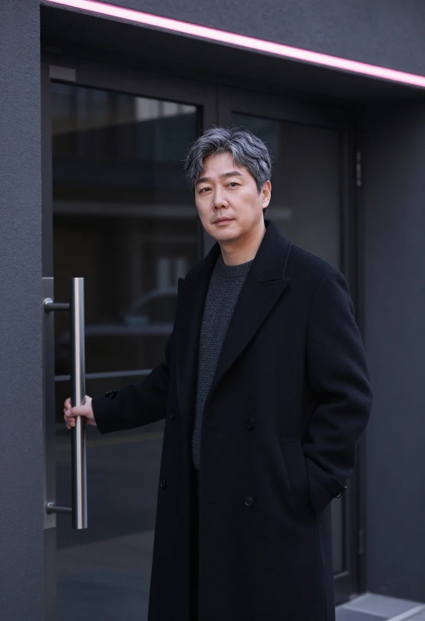 AI seoul music executive charcoal neon pink sample — portrait of a man, a Korean music executive in his early fif