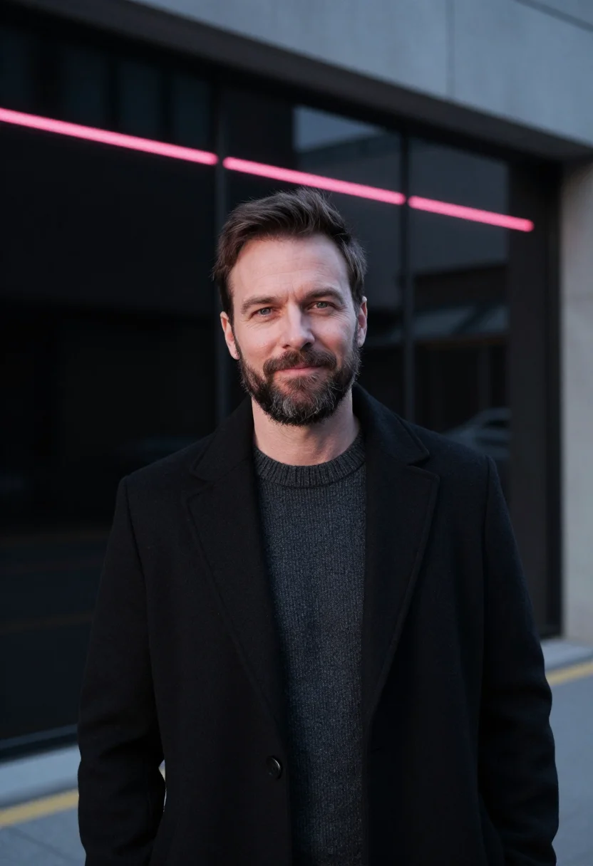 AI seoul music executive charcoal neon pink sample — portrait of a man, a Western-European music executive in his