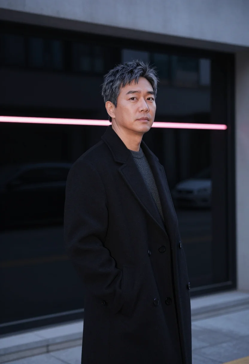 AI seoul music executive charcoal neon pink sample — portrait of a man, a Korean music executive in his mid-fifti