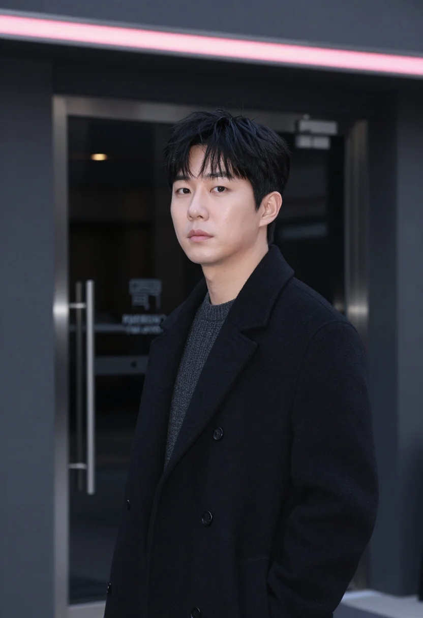 AI seoul music executive charcoal neon pink sample — portrait of a man, a Korean music executive in his late thir