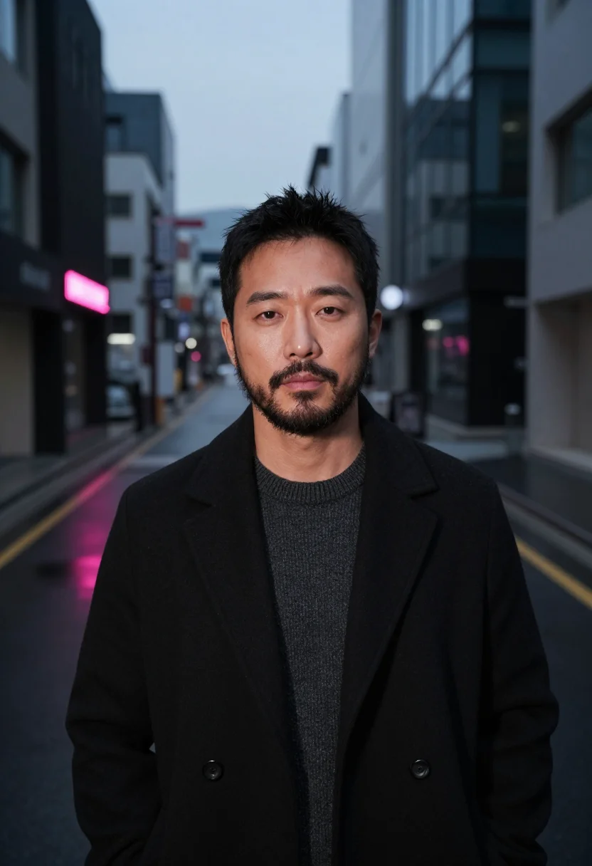 AI seoul music executive charcoal neon pink sample — portrait of a man, a Korean-American music executive in his
