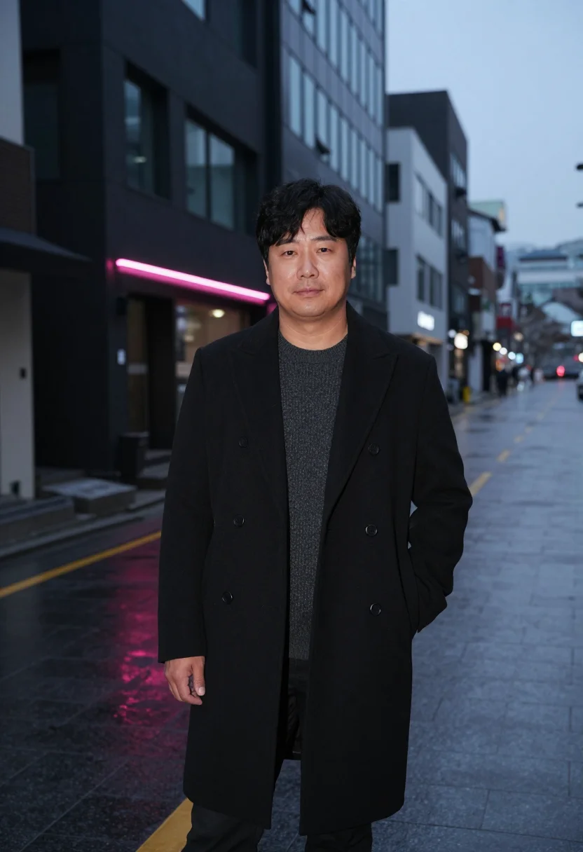 AI seoul music executive charcoal neon pink sample — portrait of a man, a Korean music executive in his late fort