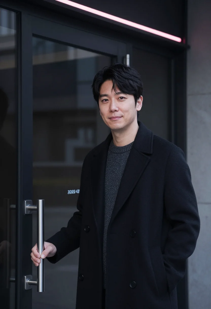 AI seoul music executive charcoal neon pink sample — portrait of a man, a Japanese music executive in his mid-for