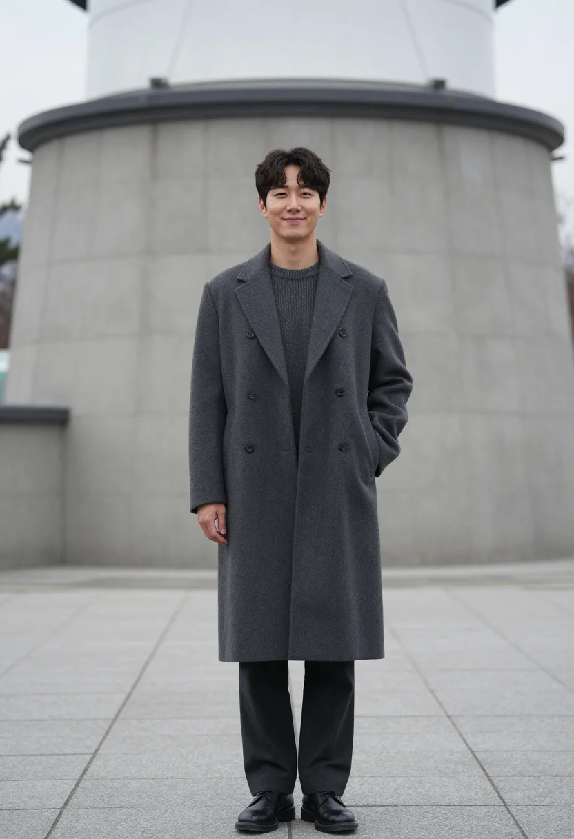 AI seoul namsan november charcoal sample — portrait of a man, framed full length from the head to the s