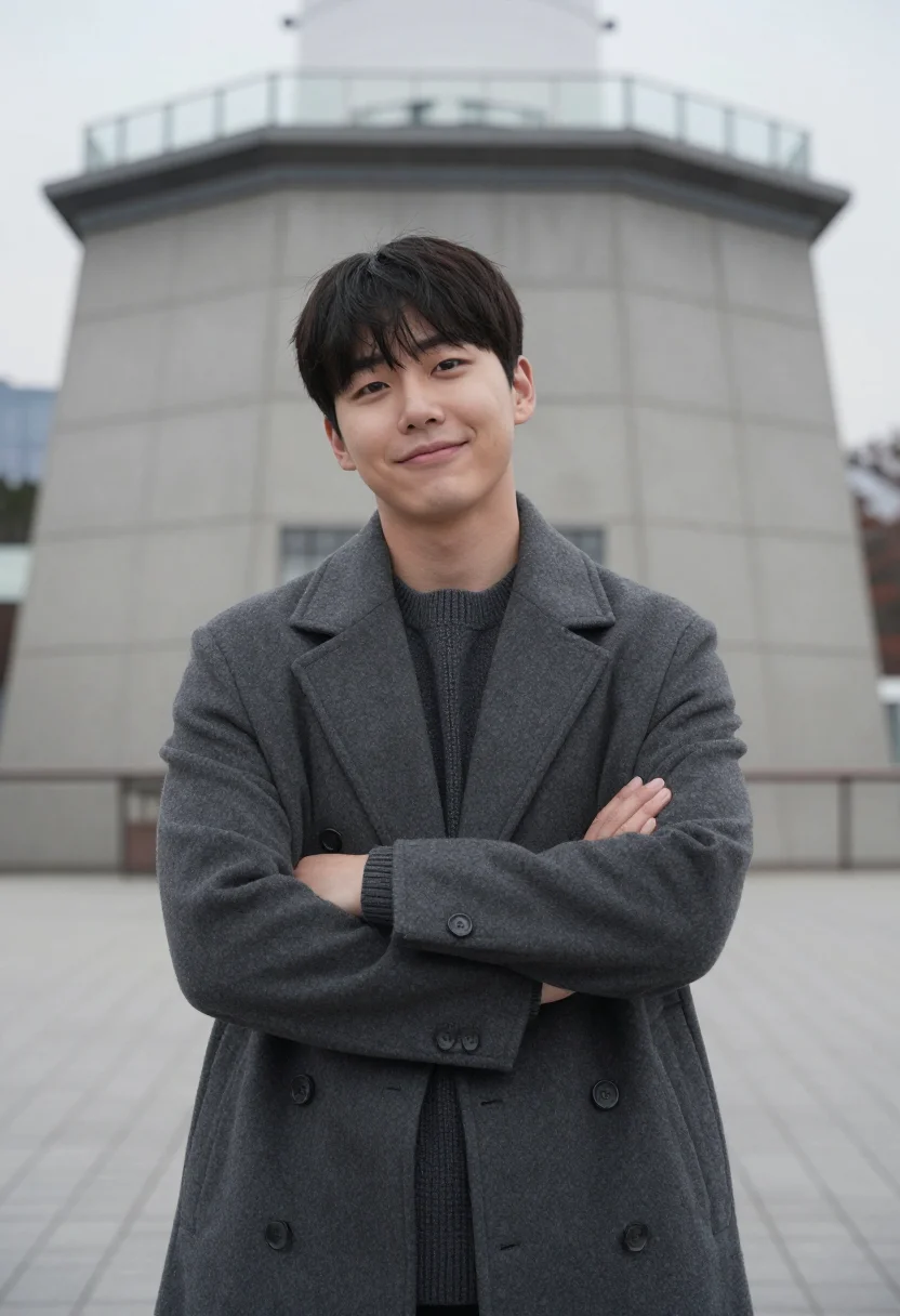 AI seoul namsan november charcoal sample — portrait of a man, framed chest-up to the ribs, the body clo