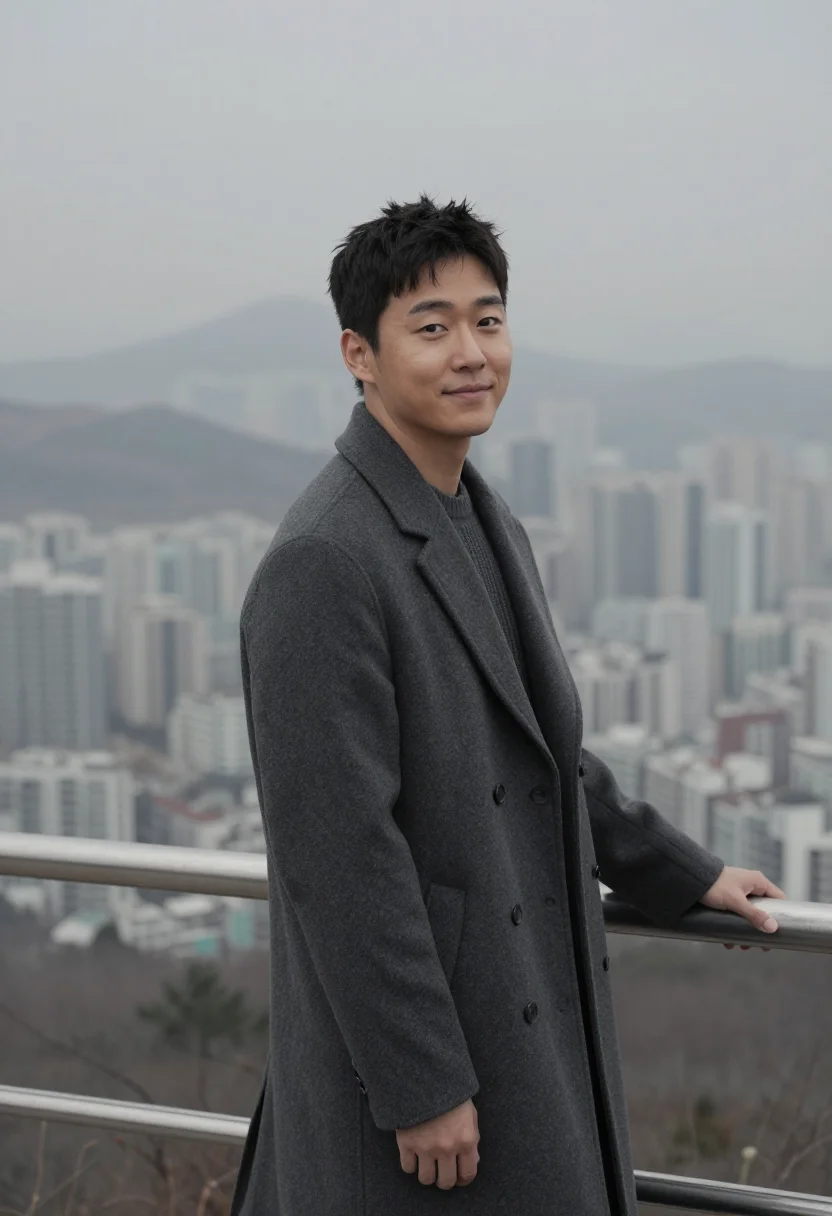 AI seoul namsan november charcoal sample — portrait of a man, framed chest-up to the ribs, the body clo