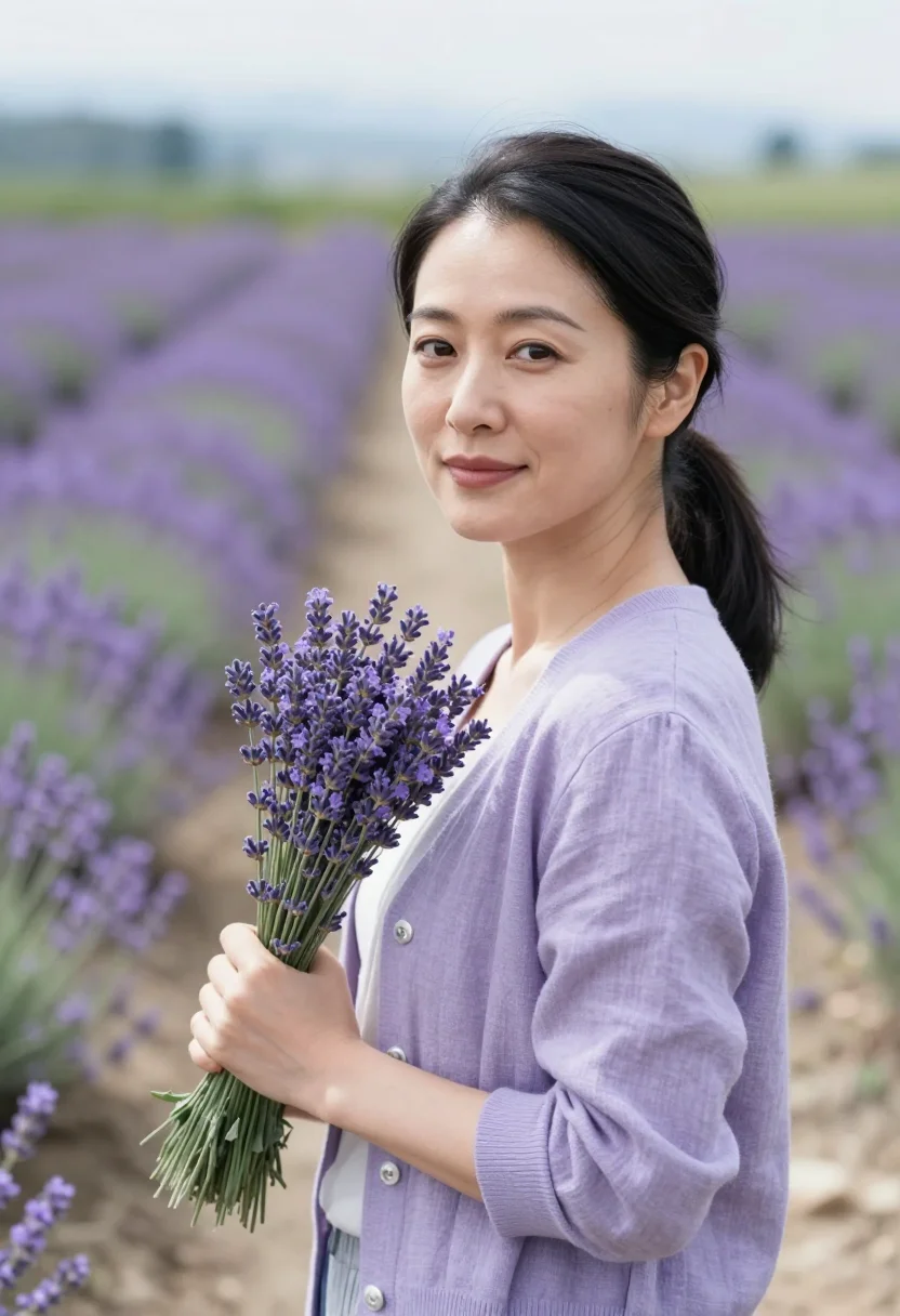 AI sequim lavender farmer sample — portrait of a woman, Japanese-American, in her mid-thirties,