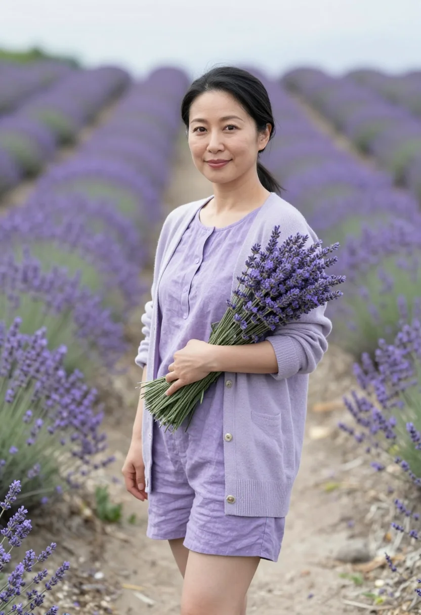 AI sequim lavender farmer sample — portrait of a woman, Japanese-American, in her mid-thirties,