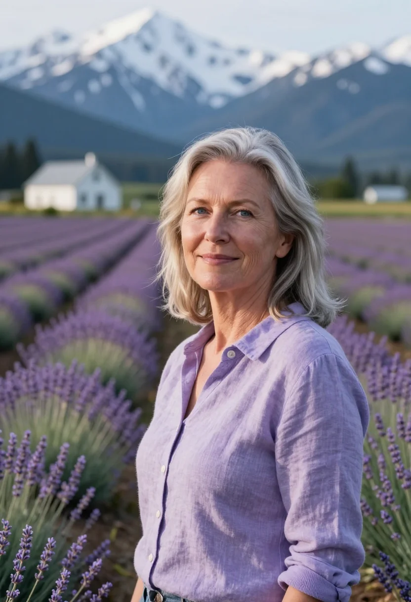 AI sequim lavender farmer sample — portrait of a woman, of Norwegian-American descent, in her m