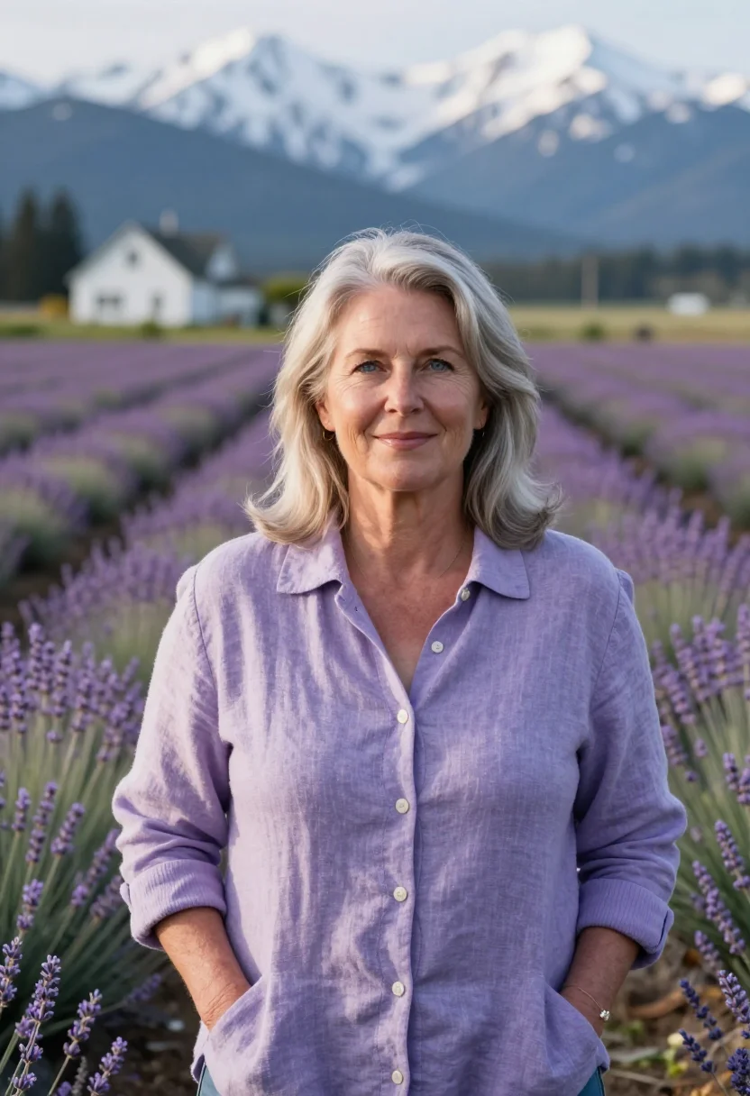 AI sequim lavender farmer sample — portrait of a woman, of Norwegian-American descent, in her m
