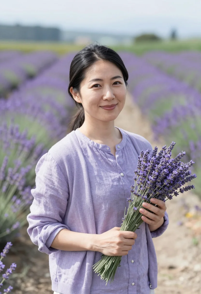 AI sequim lavender farmer sample — portrait of a woman, Japanese-American, in her mid-thirties,