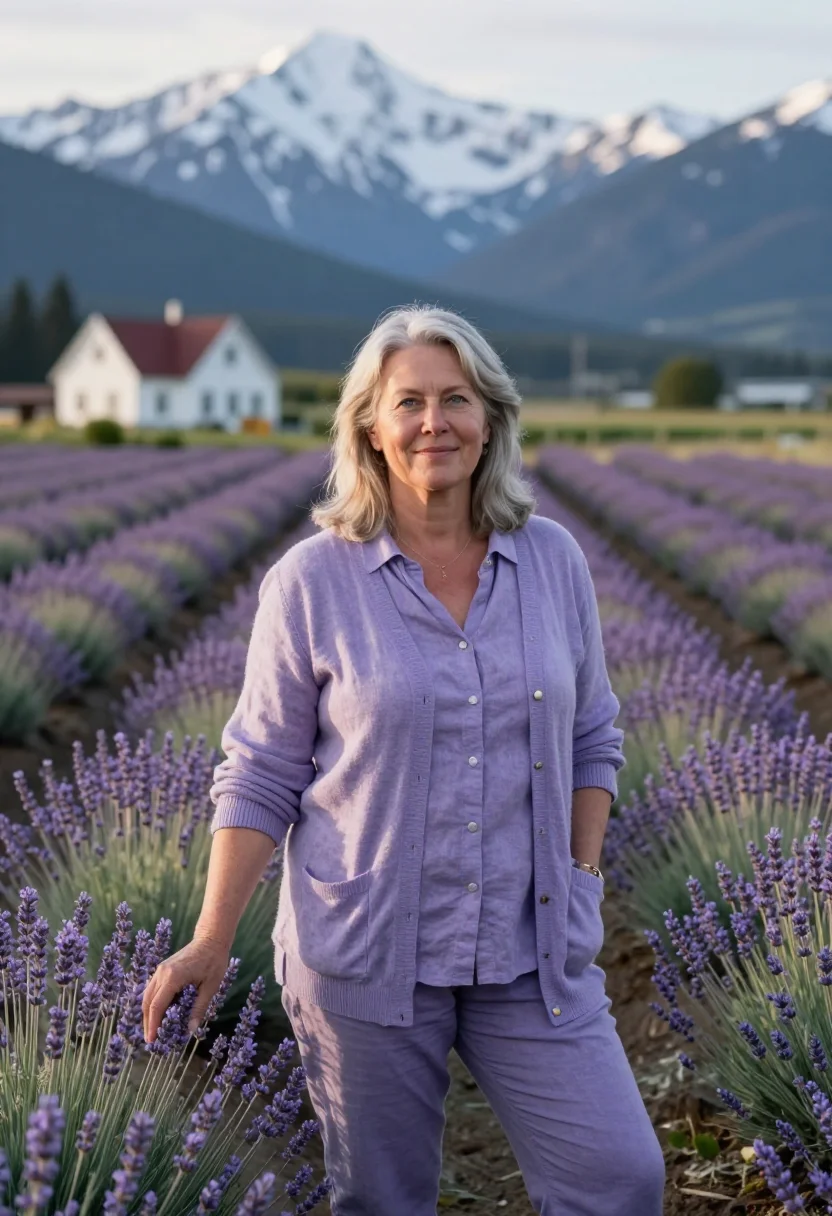 AI sequim lavender farmer sample — portrait of a woman, of Norwegian-American descent, in her m