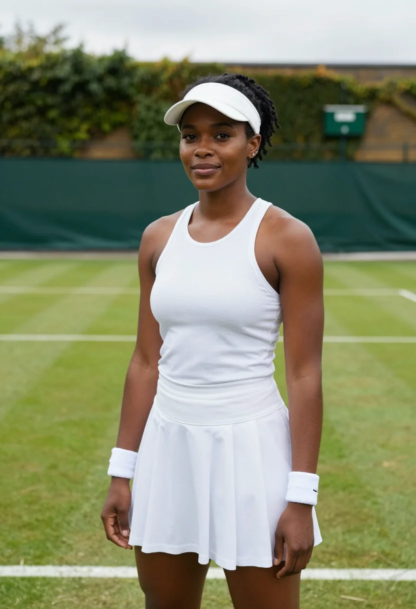 AI serena williams wimbledon centre court white sample — portrait of a woman, a Jamaican-British woman in her mid-thi