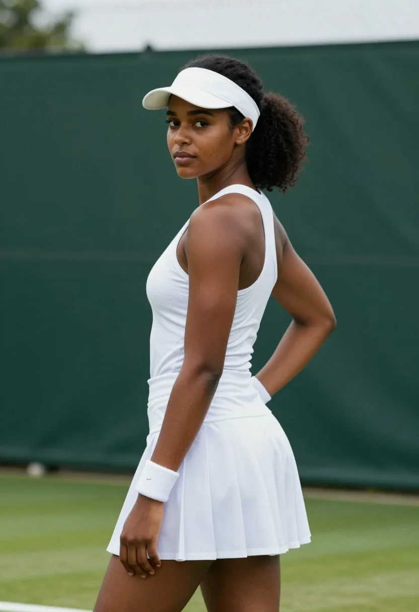 AI serena williams wimbledon centre court white sample — portrait of a woman, a Black British woman in her early thir
