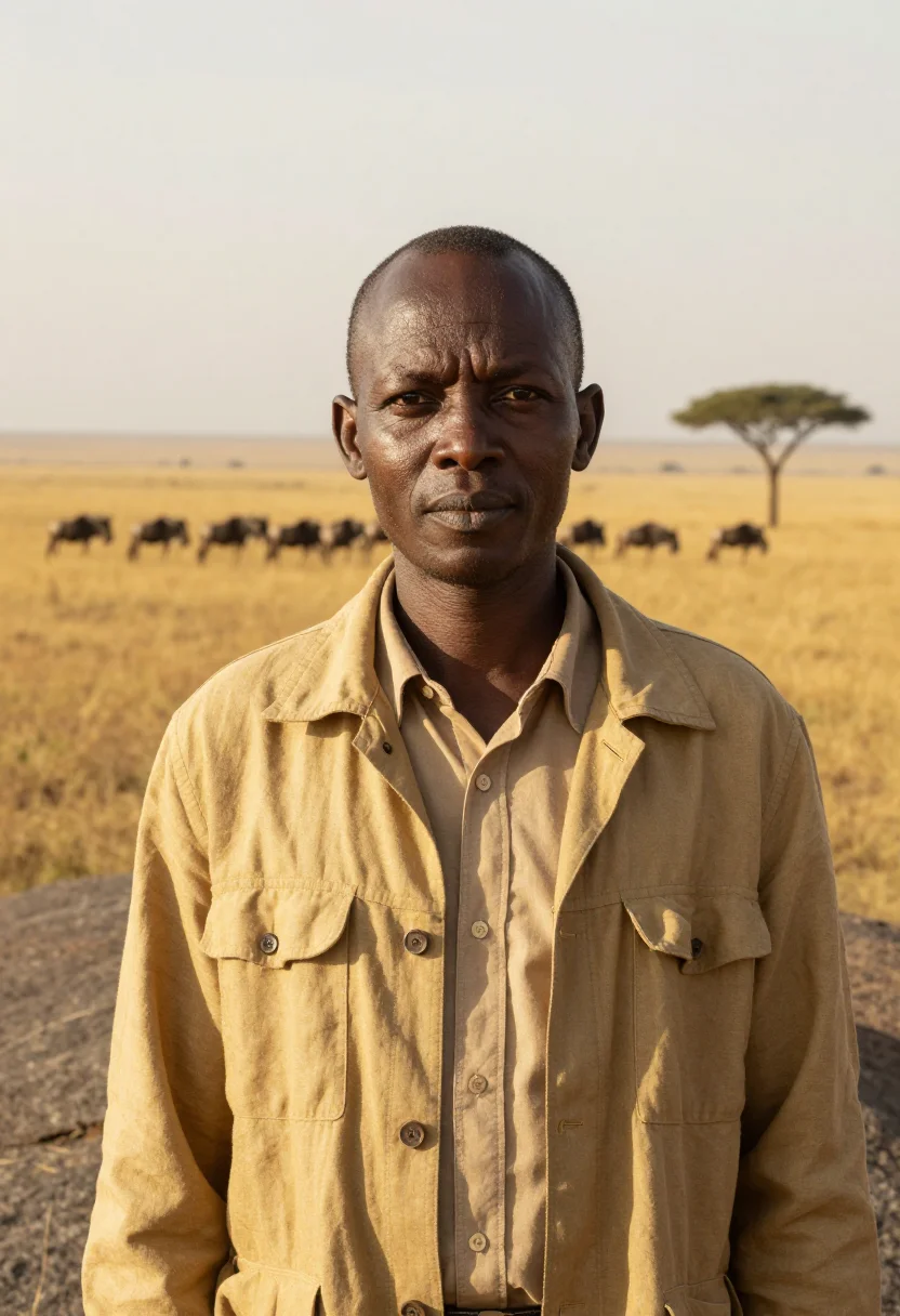 AI serengeti wildlife biologist endless plain gold sample — portrait of a man, an Ugandan wildlife biologist in his late