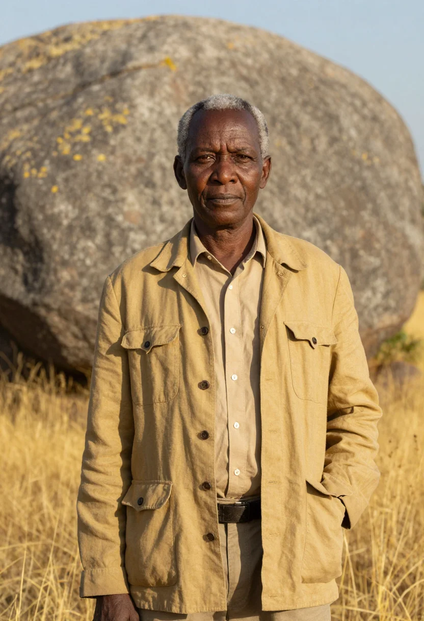 AI serengeti wildlife biologist endless plain gold sample — portrait of a man, a Kenyan wildlife biologist in his mid-fi