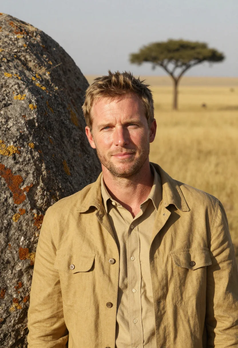 AI serengeti wildlife biologist endless plain gold sample — portrait of a man, a Dutch wildlife biologist in his mid-thi