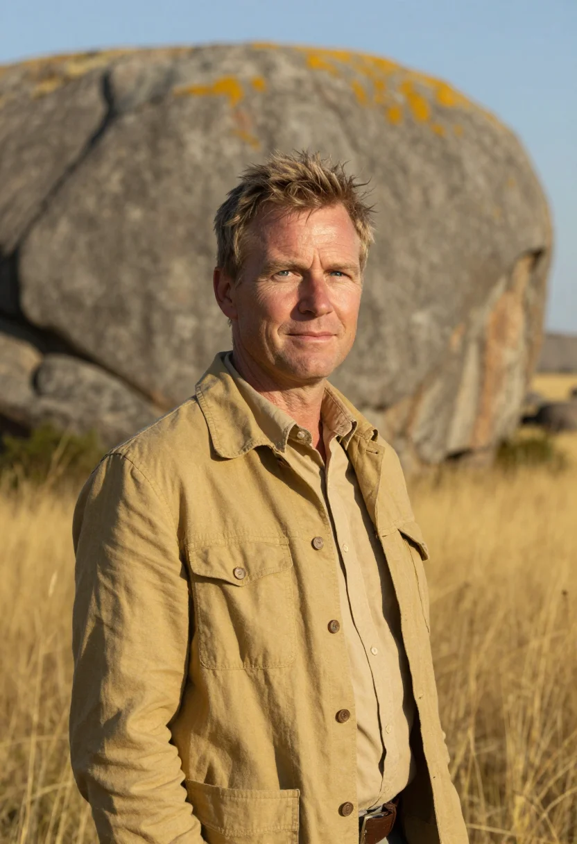AI serengeti wildlife biologist endless plain gold sample — portrait of a man, a British wildlife biologist in his late