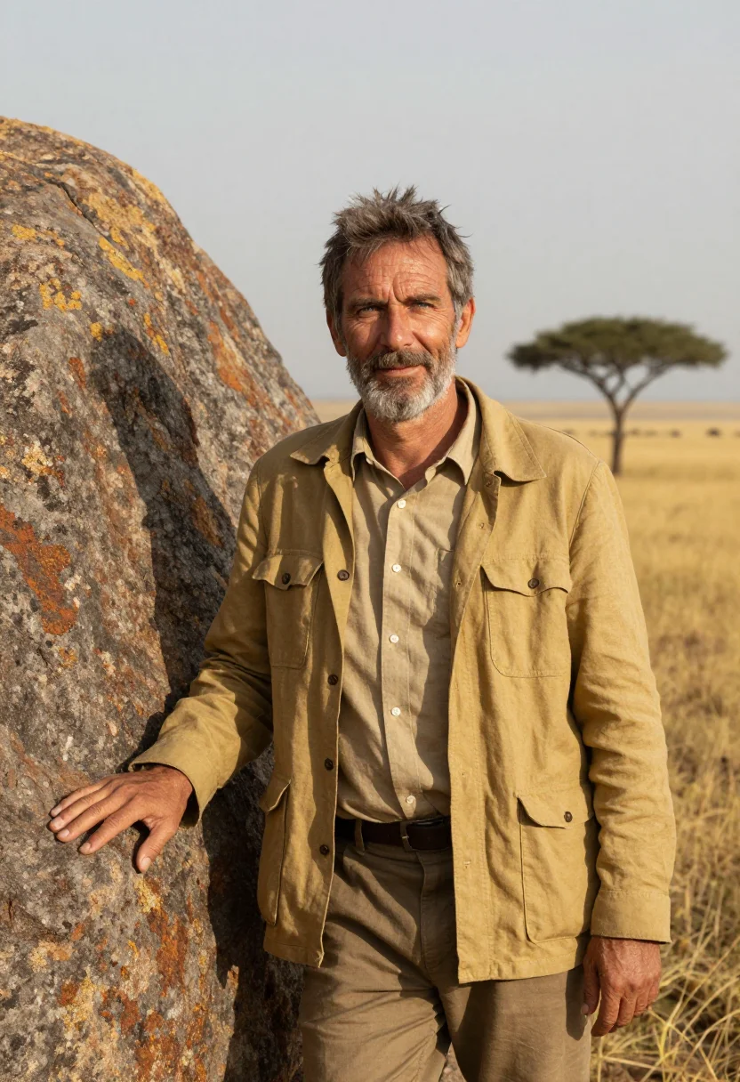 AI serengeti wildlife biologist endless plain gold sample — portrait of a man, a German wildlife biologist in his late f
