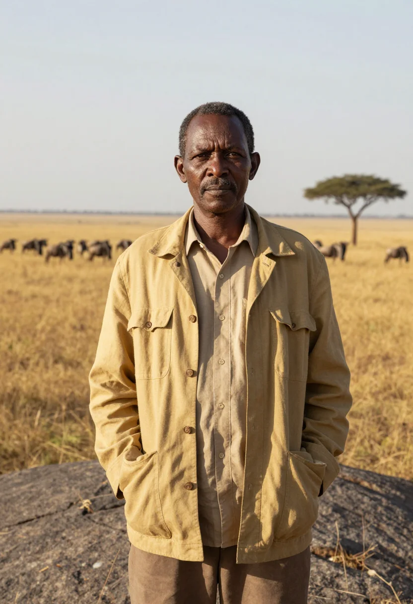 AI serengeti wildlife biologist endless plain gold sample — portrait of a man, a Tanzanian wildlife biologist in his mid