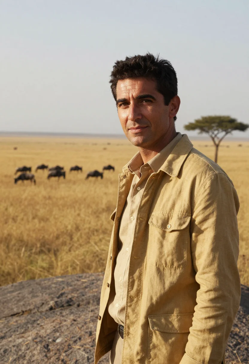 AI serengeti wildlife biologist endless plain gold sample — portrait of a man, a French wildlife biologist in his early