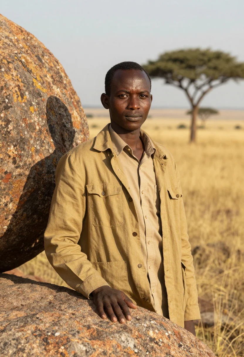 AI serengeti wildlife biologist endless plain gold sample — portrait of a man, a Tanzanian wildlife biologist in his ear