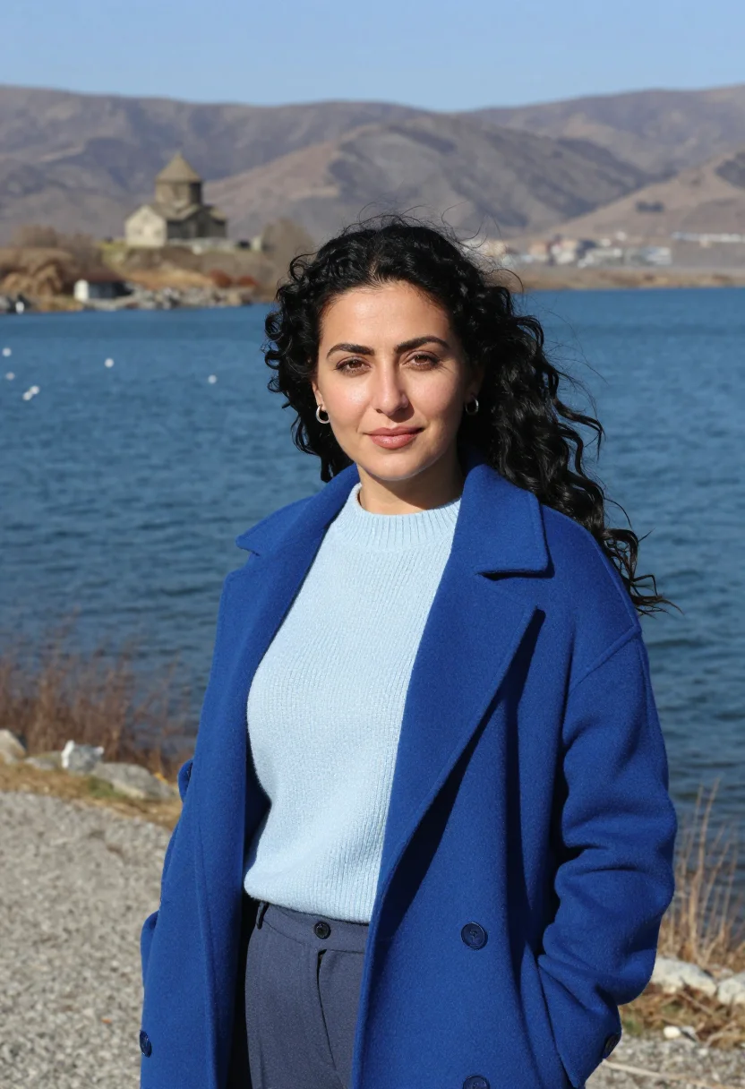 AI sevan biologist lake blue peninsula sample — portrait of a woman, framed tight, head and shoulders, the b
