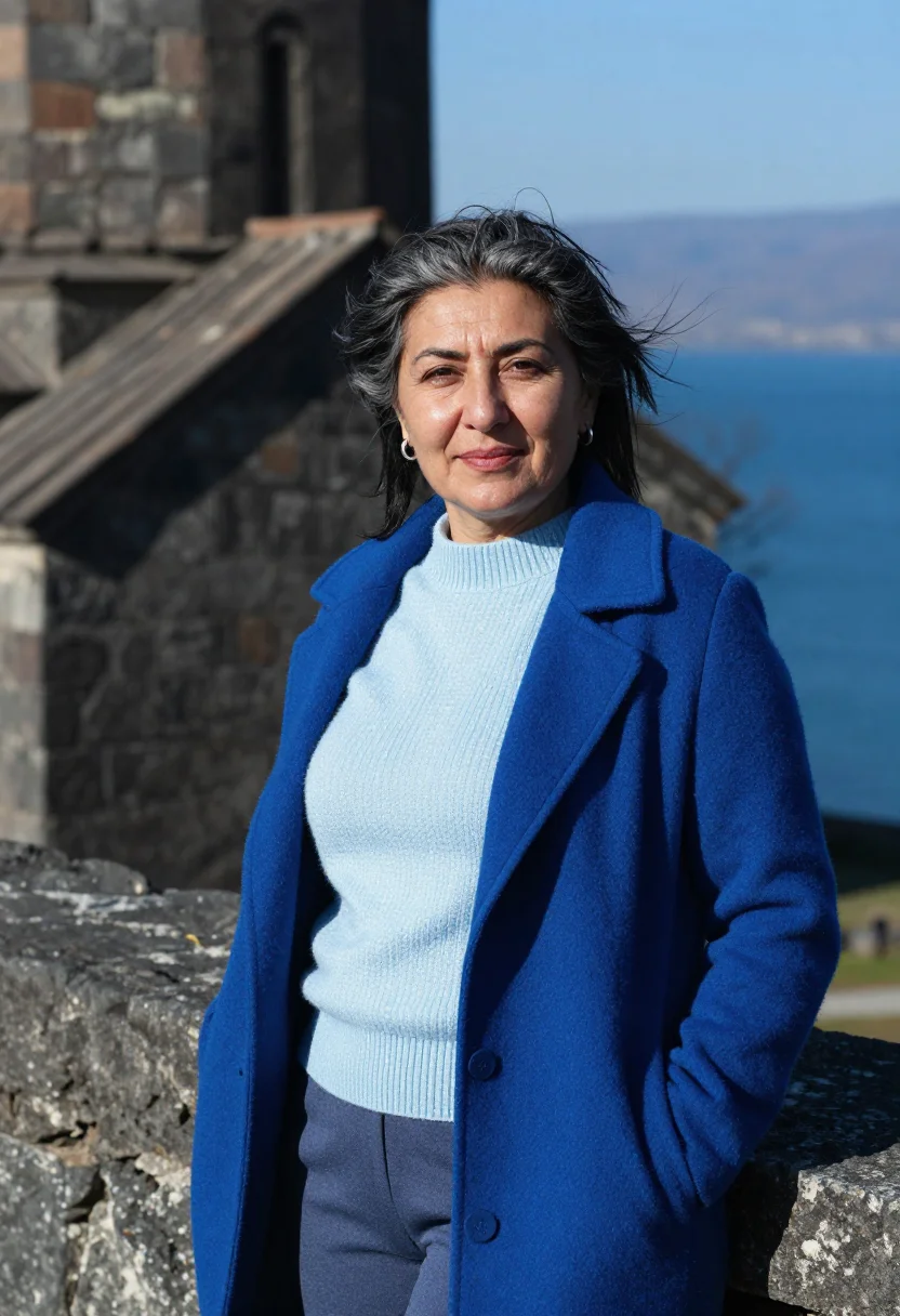 AI sevan biologist lake blue peninsula sample — portrait of a woman, framed tight, head and shoulders, the b