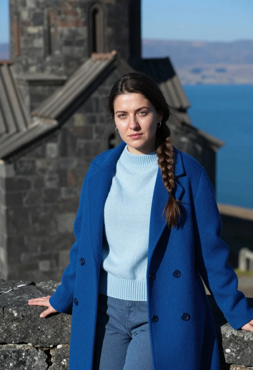 AI sevan biologist lake blue peninsula sample — portrait of a woman, framed chest-up, cropped at the ribs, t