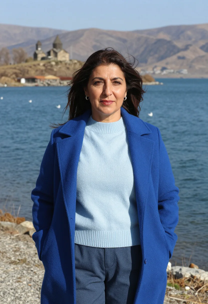 AI sevan biologist lake blue peninsula sample — portrait of a woman, framed chest-up, cropped at the ribs, t