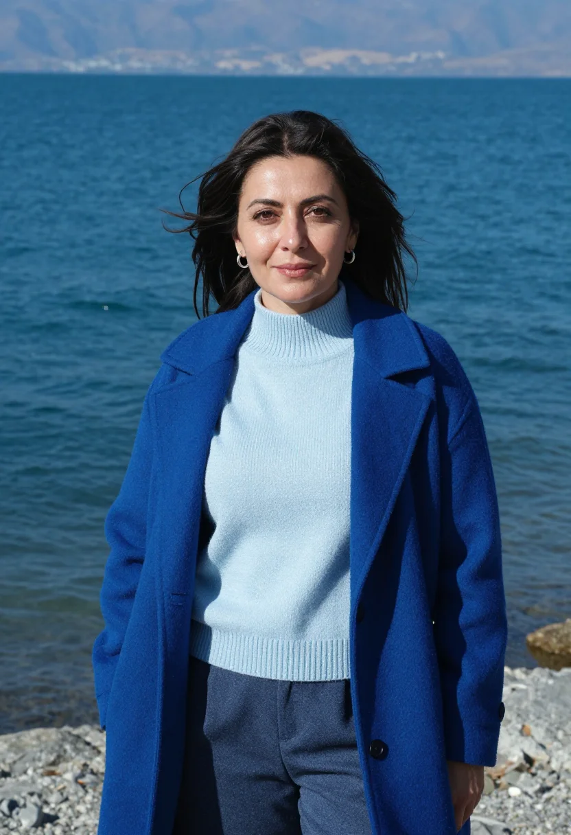 AI sevan biologist lake blue peninsula sample — portrait of a woman, framed tight, head and shoulders, the b