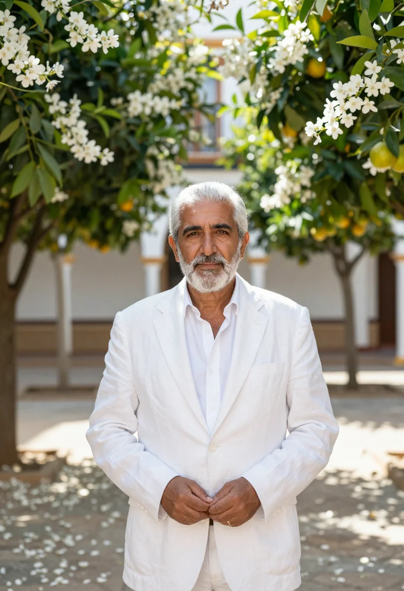 AI seville azahar orange blossom march white green sample — portrait of a man, a senior architect in his sixties of Cast