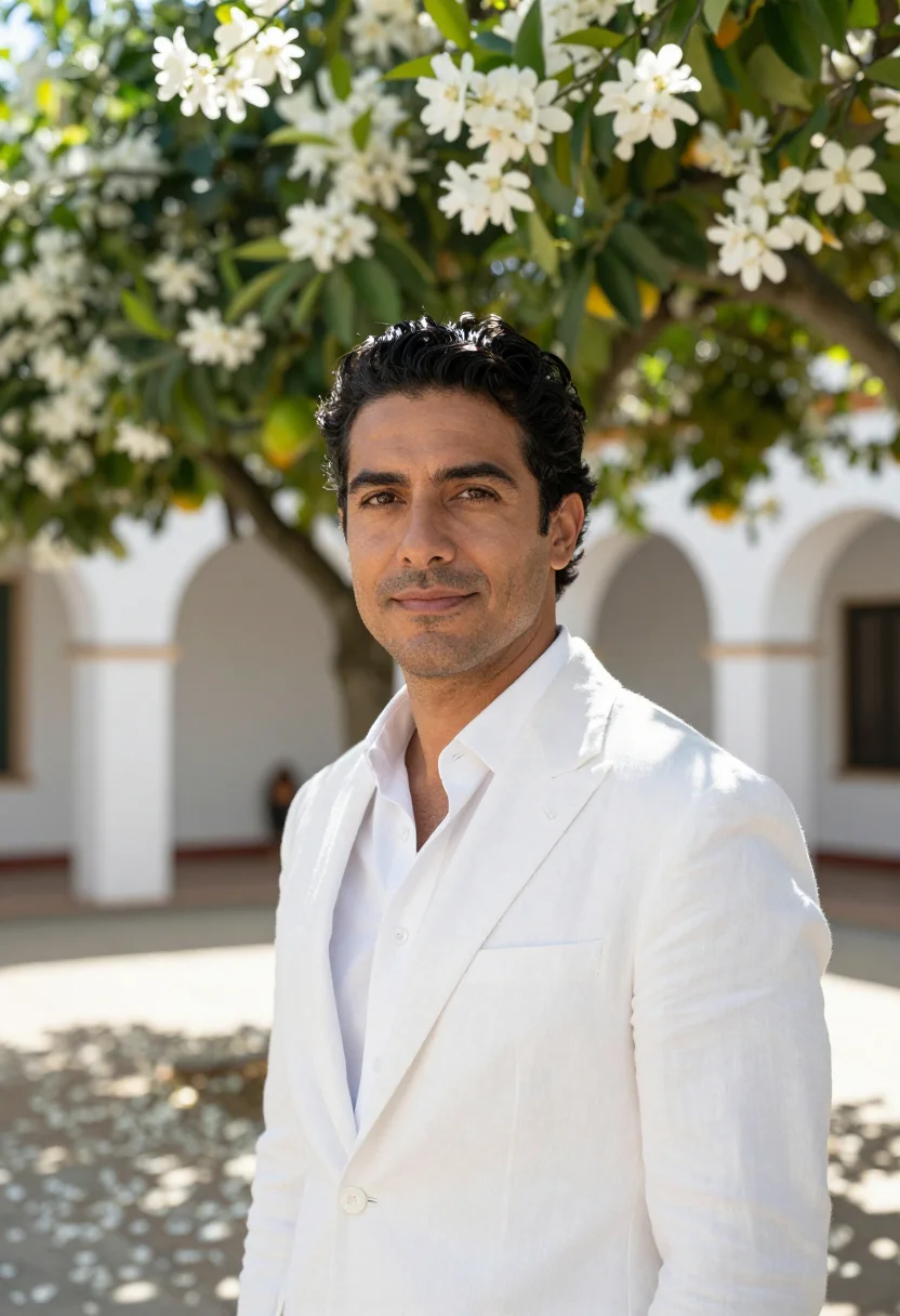 AI seville azahar orange blossom march white green sample — portrait of a man, an architect in his early forties of Colo