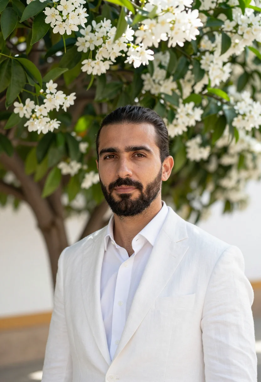 AI seville azahar orange blossom march white green sample — portrait of a man, an architect in his early forties of Sevi