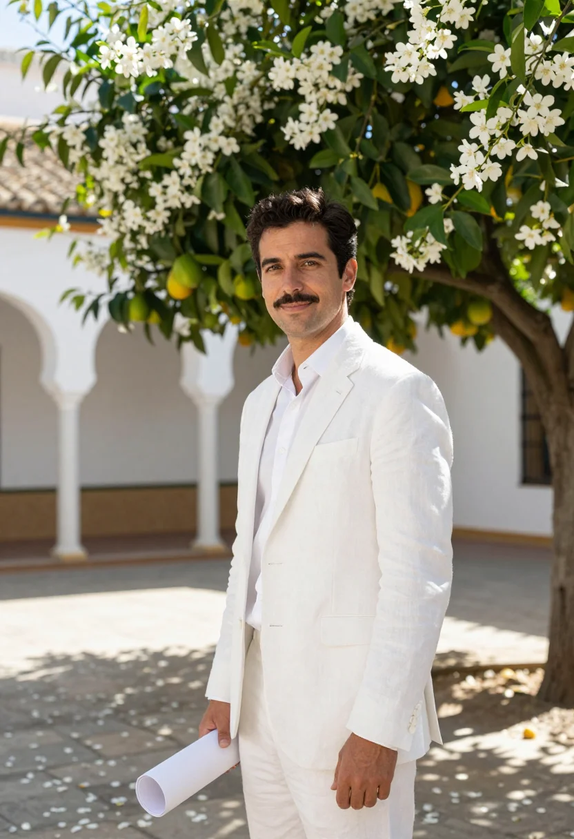AI seville azahar orange blossom march white green sample — portrait of a man, an architect in his mid-thirties of Catal