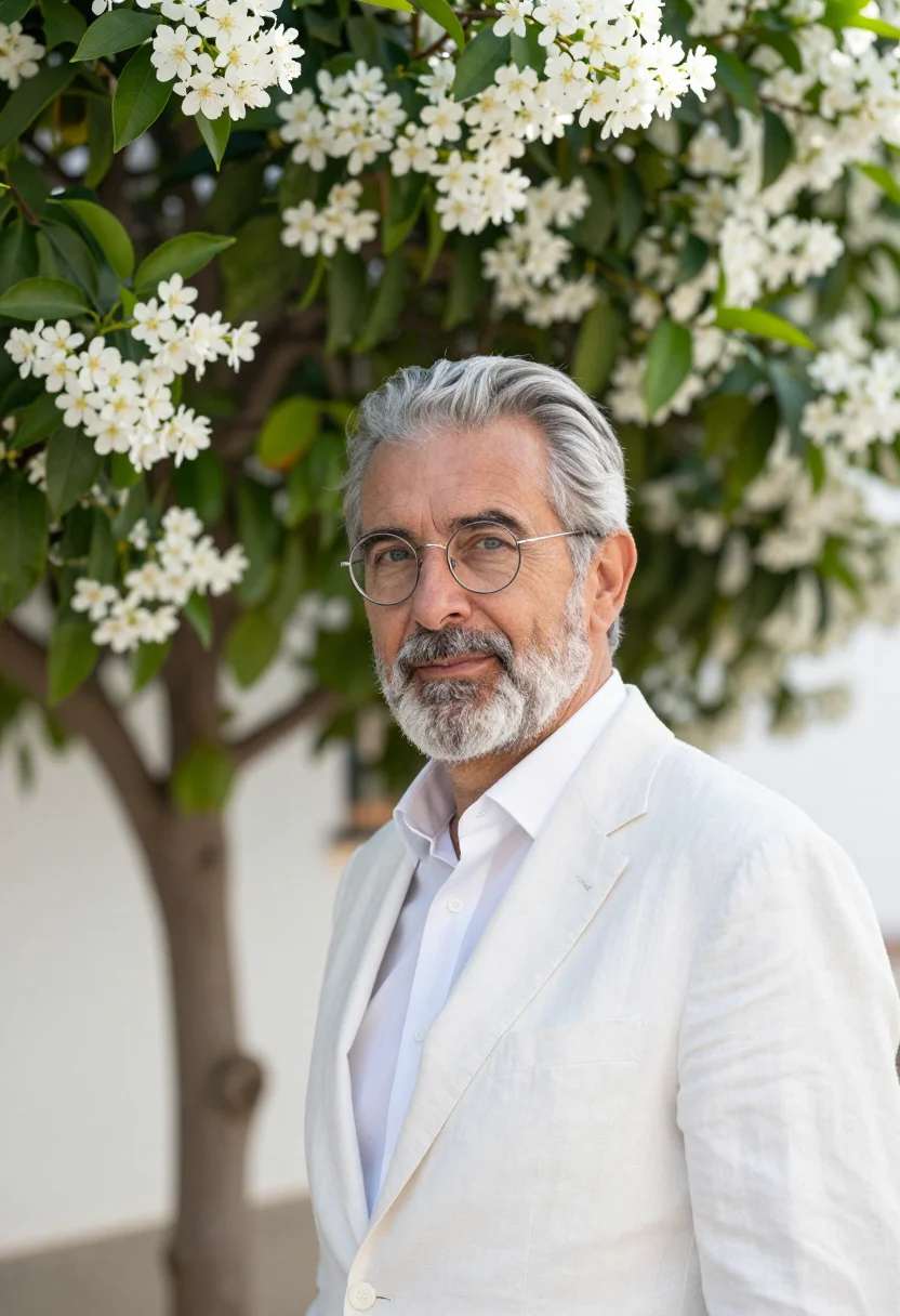 AI seville azahar orange blossom march white green sample — portrait of a man, a senior architect in his late fifties of